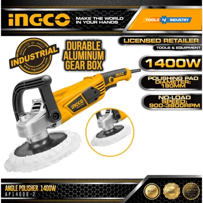 "INGCO 1400 Watt 4500 RPM Electric Angle Polisher AP14008صاروخ تلميع 7"" 1400وات"