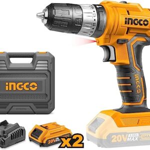 Ingco cidli20012 20v cordless drill, 45nm electric impact drill, 18+1+1 position power drill driver, 0.8-10mm chuck, variable speed, hammer drill kit with 2 battery pack, 1 fast charger, led (1 set)شنيور شحن 2+بطارية 2امبير دقاق