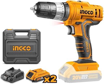 Ingco cidli20012 20v cordless drill, 45nm electric impact drill, 18+1+1 position power drill driver, 0.8-10mm chuck, variable speed, hammer drill kit with 2 battery pack, 1 fast charger, led (1 set)شنيور شحن 2+بطارية 2امبير دقاق