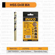 10-Pcs HSS Steel Drill Bits (3 mm) INGCO DBT1100303 – Mata Bor Besi 3mmبنطة حدادى 3م