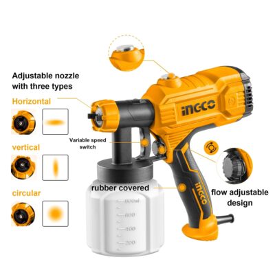 INGCO Cord Paint Sprayer Spray Gun 450W 800ml Fence Painter Sprayer for Fencing, Ceiling, Walls SPG3508مسدس دوكو رش450وات علبة بالستيك